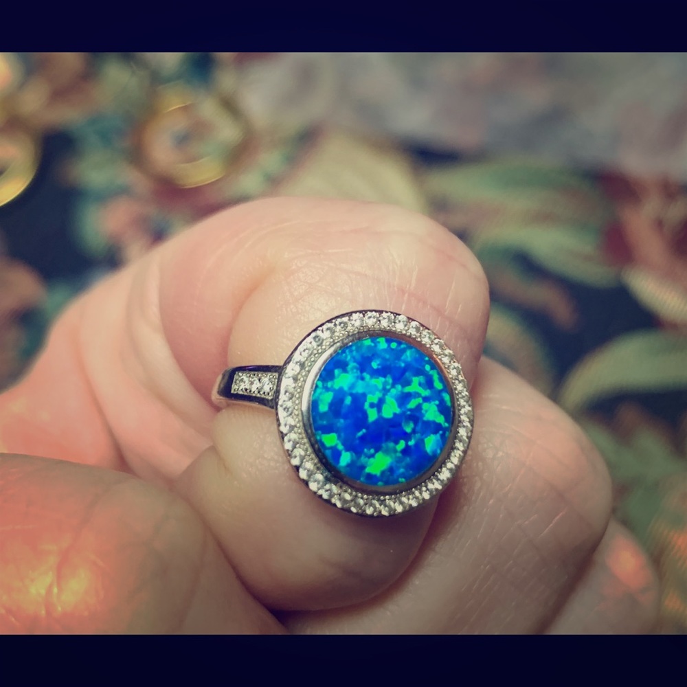 Sterling silver, diamond and blue opal ring